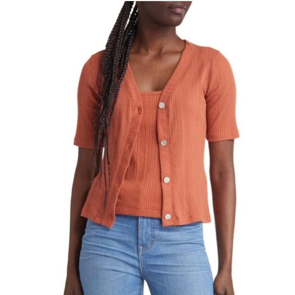 Madewell Ribbed Button‎ Front Cardigan & Tank Set Rust Orange Small